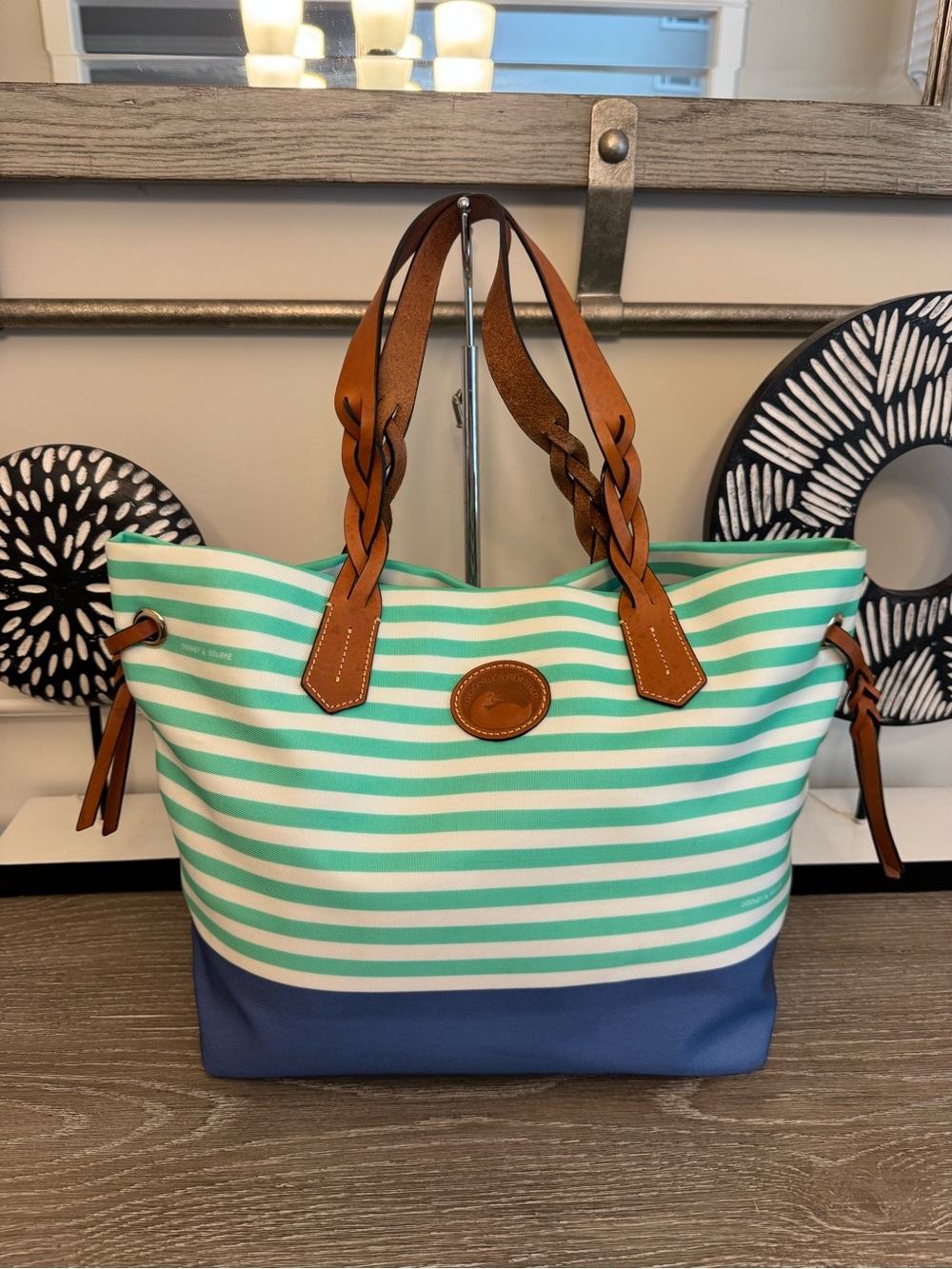 Dooney & Bourke Striped Canvas Tote in Mint/White with Navy Base